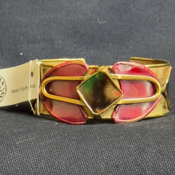 South African Handcrafted GoldTone Cuff Bracelet Geometric Design - Picture 4 of 14